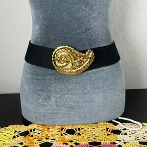 Vintage Golden Tone- Stretch Waist Belt- Paisley Shaped- Black- Nan Lewis Large